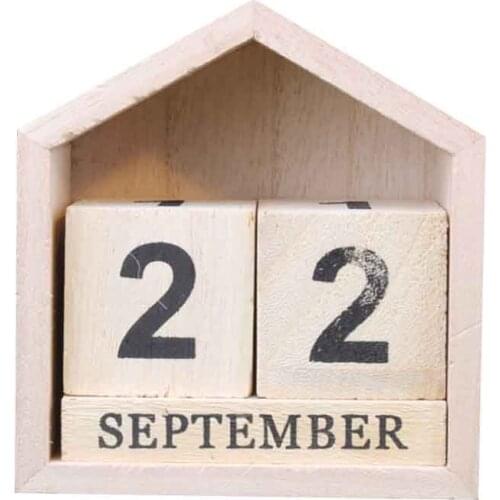Vintage Design House Shape Perpetual Calendar Wood Desk Wooden Block Home Office Supplies Decoration Artcraft-Wood Color