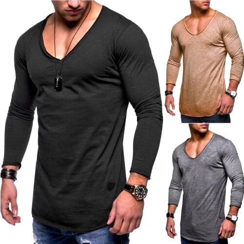 2021 new mens V-neck T-shirt fitness bodybuilding T-shirt high street summer Long-sleeved casual cotton top M-3XL
