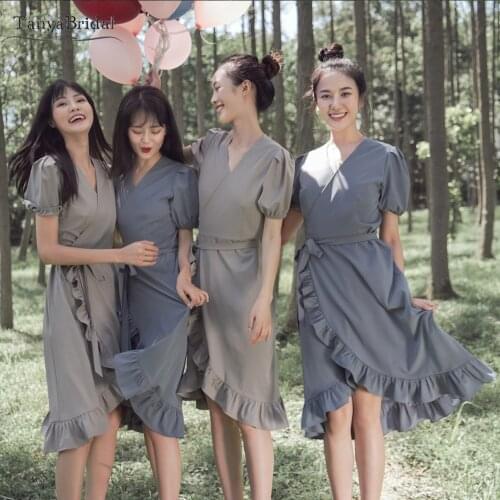 Short Sleeve Tea Length Bridesmaid Dresses Charming Fashion Maid Of Honor Gowns DB047