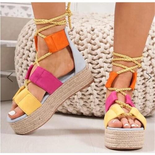 2021 New Summer Women Flat Sandals Rope Female Beach Shoes Wedge Shoes High Heel Comfortable Ankle Strap Platform Sandals