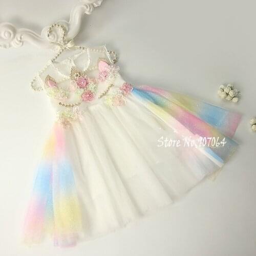 Clear Sales Unicorn Girls Dress Rainbow Embroidery Flowers Toddler Sundress Princess Kids girls Party Summer Wedding dress 1-10Y