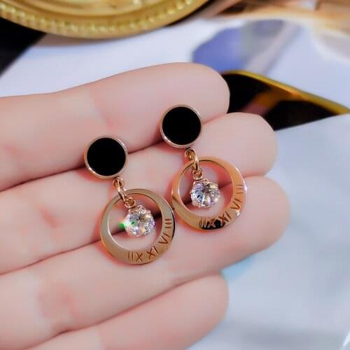 YUN RUO Rose Gold Color Zircon Roman Numerals Stud Earring Ear Clip 316L Titanium Steel Fashion Jewelry Birthday Gift Never Fade