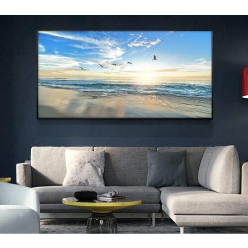 Sunsets Natural Bird Blue Sky Sea Beach Landscape Posters and Prints Canvas Painting Panorama Wall Art Picture for Living Room