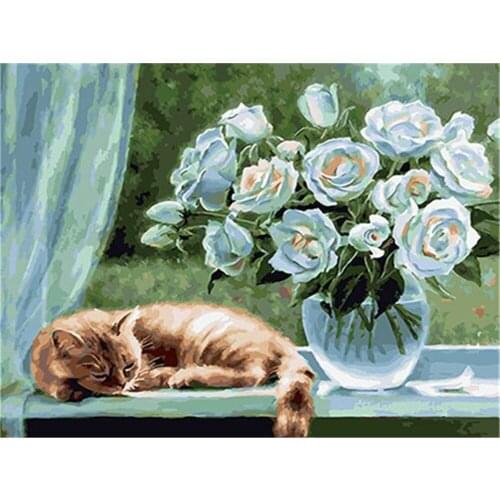 Flower Cats Animal Printed Water-Soluble Canvas 11CT Cross-Stitch DIY Embroidery Patterns DMC Threads Knitting Package