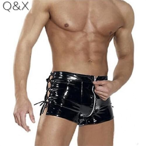 XX64 2018 Sexy Zipper Crotch Bodysuit PVC Faux Leather Teddy Fetish Costumes PU Catsuit men Short Pant Behind Lace Up