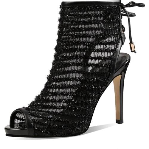 Kmeioo fashion Gladiator Roman Summer Sandals Cross-tied Boots Women New Sexy Hollow Peep Toe Mesh High Heels Stiletto 10cm