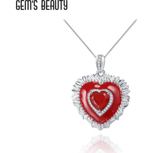 GEMS BEAUTY 925 Sterling Silver Jewelry Necklace Heart Cut Natural Red Agate Handmade Pendant For Women Anniversary Gift