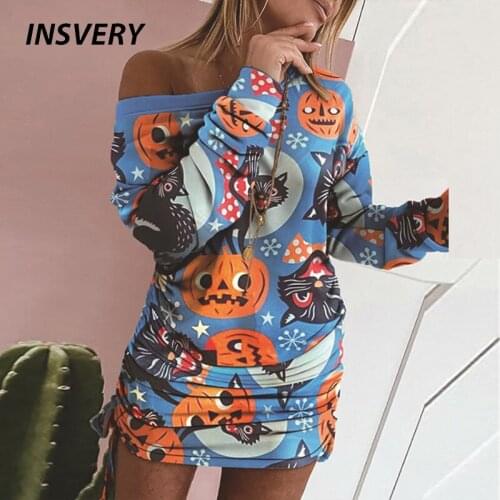 Halloween Dress Women Off Shoulder Pumpkin Print Long Sleeve Party Dresses For Women Elegant Long Sleeve Autumn Short Dress