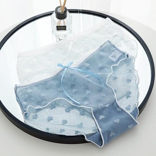 Dreamlikelin Female Sexy Transparent Underwear Heart Print Ruffles Lace Panties Cotton Crotch Bow Thin Lingerie