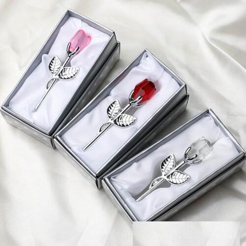 100pcs Wedding Favors Back Gifts for Guests Crystal Pink Rose Long Stem Rose Valentines Day Gift