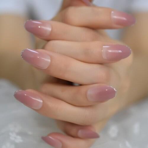 24Pcs Short Almond Glitter Edge Pink Fade White Nails Wholesale Full Cover Nails Gels Nails