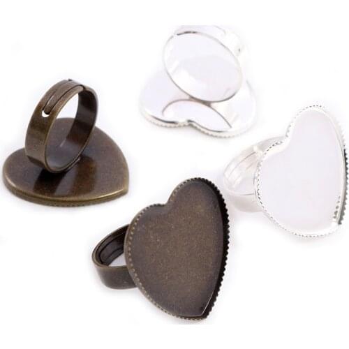 25mm 5pcs Bronze / Silver Plated Heart Style Adjustable Ring Settings Blank/Base,Fit 25mm Glass Cabochons,Buttons;Ring Bezels