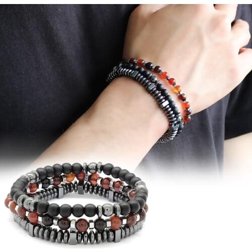 Küre Kesim Kırmızı Akik-Oniks-Hematit Kombinli Doğaltaş Bileklik