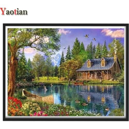 Diy 5d diamond mosaic Forest lake house scenery diamond painting cross stitch embroidery full round drill,Crystal Diamond art
