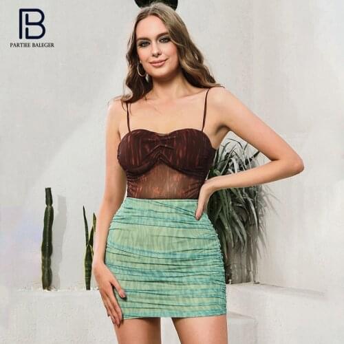 PB Chic Two Pieces Suit Sexy Sleeveless Draped Mesh Design Celebrity Party Club Crop Tops Mini Skirt Set Free Shipping