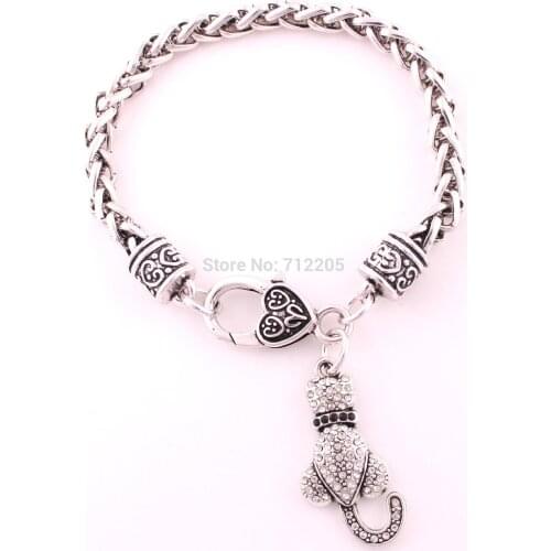 Animal bracelet Lobster Claw 30pcs antique silver Wheat Link Bracelet Chain with Crystal LOVE CAT Pendant Bracelet
