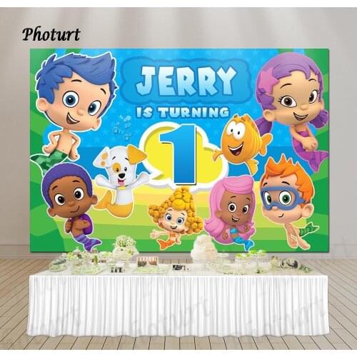 PHOTURT Bubble Guppy Backdrop Kids Birthday Party Photography Banner Blue Underwater Fish Custom Photo Background Decorate Props