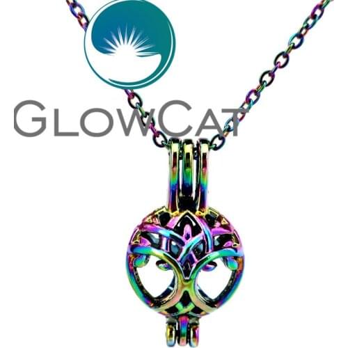 GLOWCAT CC444 Rainbow Color Round Life Tree Beads Cage Pendant Essential Oil Diffuser Aroma Pearl Cage Locket Necklace