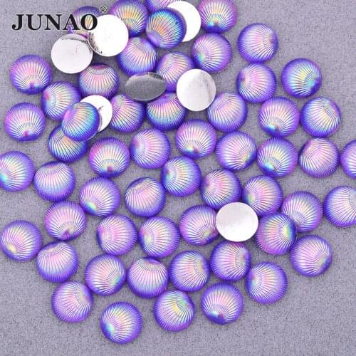JUNAO 10mm Purple AB Crystal Round Resin Rhinestones Shell Shape Strass Flat Back Gems Glue On Stones Applique for DIY Jewelry