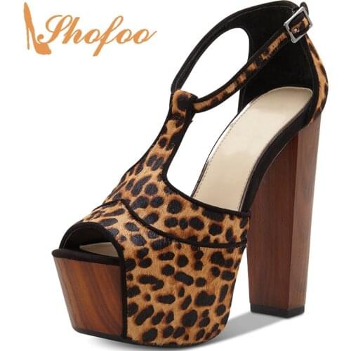 Brown Leopard Platform Women Pumps Ankle Buckle Strap Super High Square Heel Peep Toe Large Size 32 36 Ladies Casual Dress Shoes