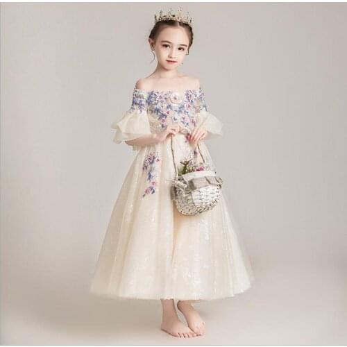 Champagne Lace Flower Girls Princess Dresses Kids Party Pageant Wedding Bridesmaid Tutu Long Ball Gown Kids Formal Wear