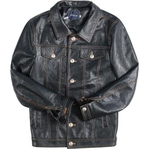 Western cowboy leather jacket mens youth European American autumn winter handsome motorcycle slim short rock coats black cloth