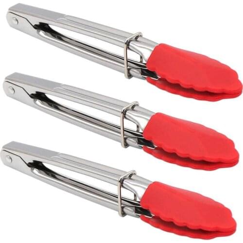 Small Tongs With Silicone Tips 7 Inch Kitchen Tongs – Set Of 3 - Perfect For Serving Food, Cooking, Salad, Grilling Red