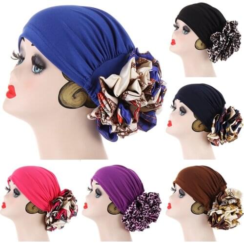 Fashion Muslim Turban Hat Multicolor Big Flower Design Hijab Caps Indian Wrap Inner Hijabs Cap Ready to Wear Party Accessories