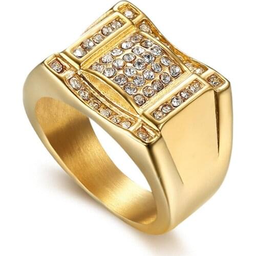 New Fashion Full Rhinestone Big Ring Iced Out Gold Color Stainless Steel Square Rings For Men Hip Hop Party Jewelry Dropshipping