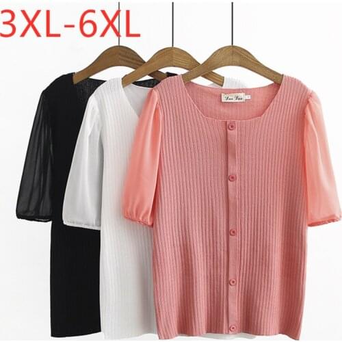 New 2021 Ladies Summer Plus Size Knit Tops For Women Large Short Sleeve Slim Elastic Pink White O-neck T-Shirt 3XL 4XL 5XL 6XL