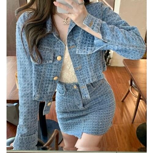 2021 Autumn New Female Shorts Wear Suit Fashion Casual European And American Printed Denim Jacket And Shorts Two-Piece Set