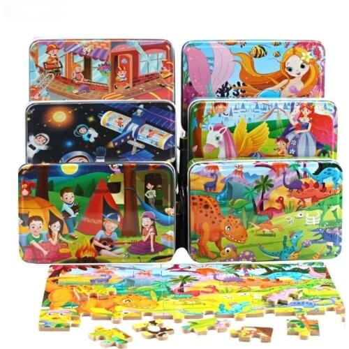 New 60 Pieces Wooden Puzzle Educational Toys for Children Cartoon Animal Wood Puzzles Kids Baby Christmas Gift with Iron Box