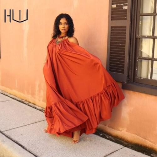 Sexy Sleeveless Solid Elegant Long Dress Halter Neck Open Back Pleated Loose Maxi Dress Backless Plus Size Clothing