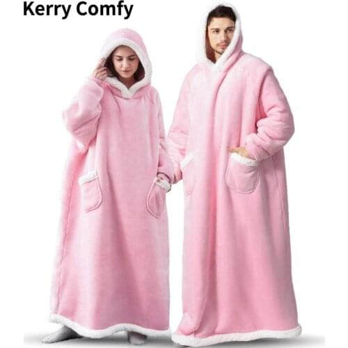 Oversized Plush Coral Fleece Sherpa Blanket With Sleeves Warm Lambswool Outdoor Pocket Hoodie Adult Winter Hooded TV Blankets