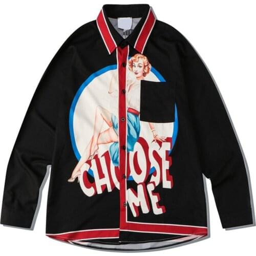 Oversized Black Long Sleeve Shirt Men Harajuku Beauty 3d Print Beach Hawaiian Shirts Streetwear Hip Hop Loose Casual Men Blouse