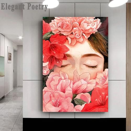 Nordic Poster And Floral Pattern Girl Cartoon Portrait Wall Art Canvas Painting PictureLiving Room Home Decoration Scandinavian