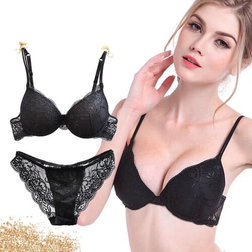 YANDW New Women Sexy Lace Print Everday Bra Set Ultra Slim Underwear floral see Panties Brief Sets Lingerie Black push up bras