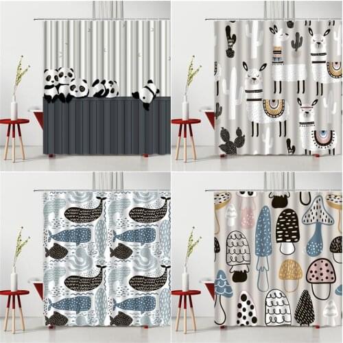 Funny Cartoon Panda Kids Shower Curtains Set Cute Animal Alpaca Fish Mushroom Creative Children Bathroom Bath Curtain Home Decor
