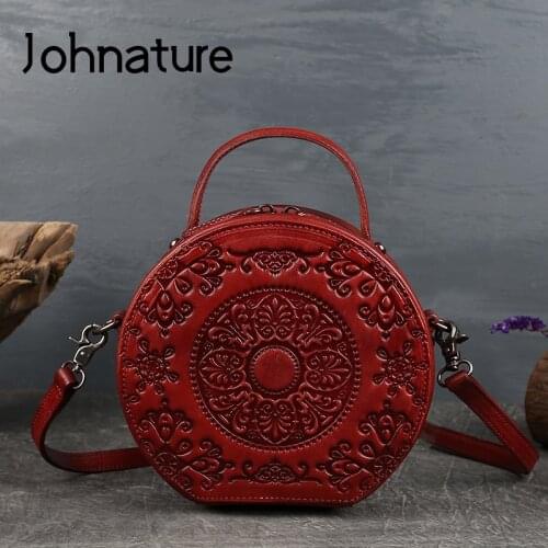 Johnature Retro Handbag Genuine Leather Totem Women Small Circular Bag 2021 New Versatile Soft Cowhide Shoulder Messenger Bags