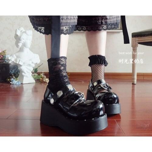 Women Lolita Rivet Belt Buckle Round Toe Gothic Punk Pumps Shoes Platform Wedge High Heel Creepers Japanese Harajuku Dark Lolita