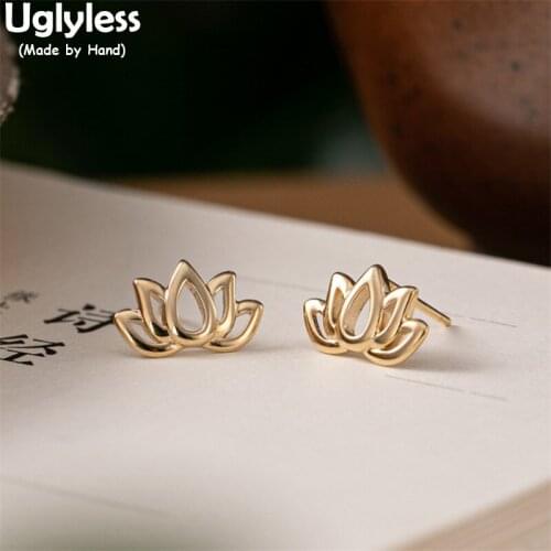 Uglyless Hollow Lotus Studs Earrings for Women 100% Real 925 Silver MINI Earrings Gold Brincos Blooming Lotus Flowers Jewelry