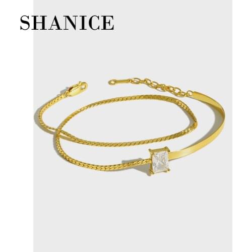 SHANICE S925 sterling silver simple temperament all-match square cz crystal double-layer bracelet For women chain jewelry studen