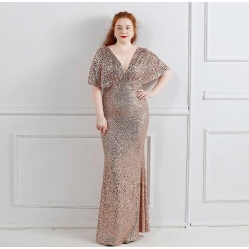 Plus Size Gold Sequin Evening Dress Short Sleeve Elegant Women Party Dress Long Prom Dress