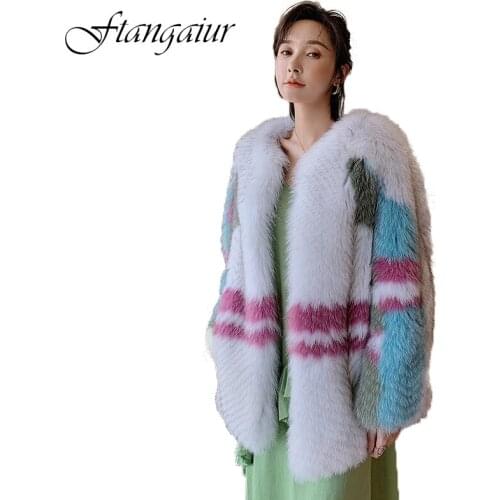 Ftangaiur 2021 Winter Import Fox Fur Coat Women O-Neck Contrast Color Weave Print Fox Coats Medium Natural Real Fox Fur Coats