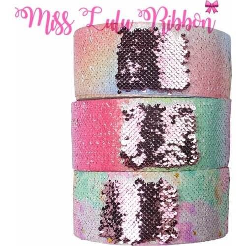 3"75mm Gradient Color Rainbow Galaxy Double Reversible Pink Sequin Ribbon Hair Bow Making DIY Wedding Party Decor 46yards