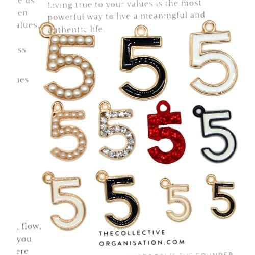 Fashion Number 5 Five Charms Rhinestone Pearl Pendant For Bracelets Necklace DIY Jewelry finding Accessories X936