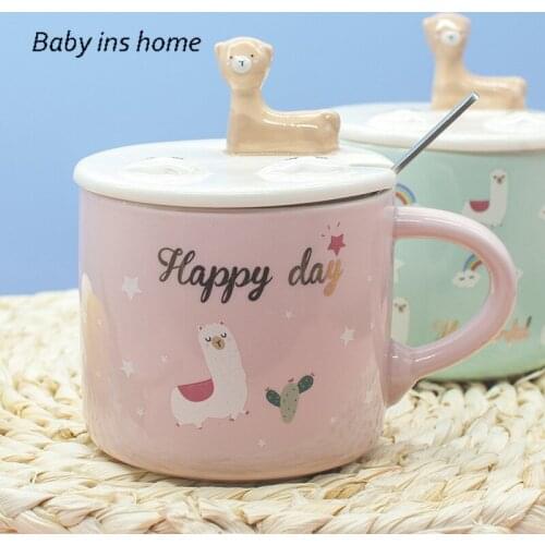 Mug with Lid Hot Selling Alpaca Rainbow Ins Wind Mug Milk Cup Breakfast Cup Japanese Ceramic Cup Cactus Cartoon Mug Coffee Cup