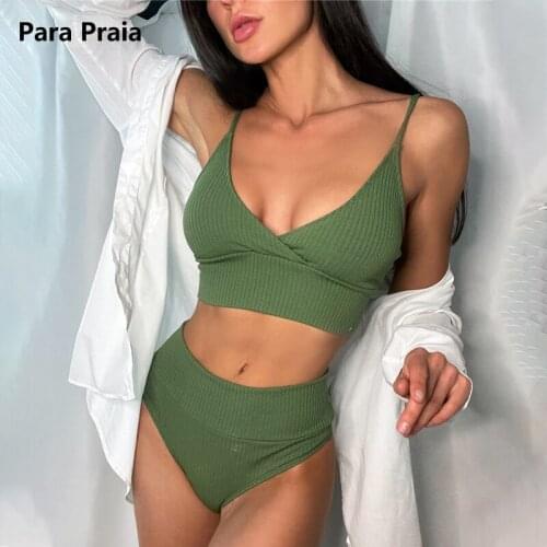 Para Praia 2021 High Waist Swimsuit Women High Cut Swimsuit Push Up Bikini Set Sexy Solid Bikini Vintage Bathing Suit for Women