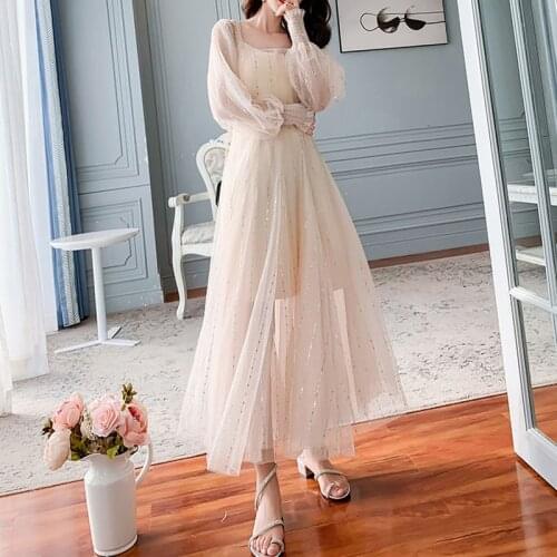Summer Sequin Fairy Dress Women Elegant Sweet Puff Sleeve Korean Slim Solid Maxi Dress Casual Club Party Dress 2021