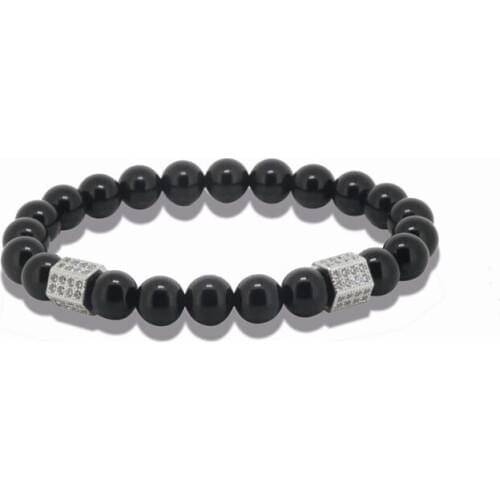 Natural black onyx bead stone bracelets charm paved cz spacer men stone bracelet for pulseras mujer jewelry